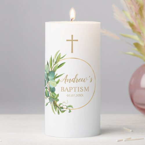 Neutral Baptism Green  Gold Floral Pillar Candle