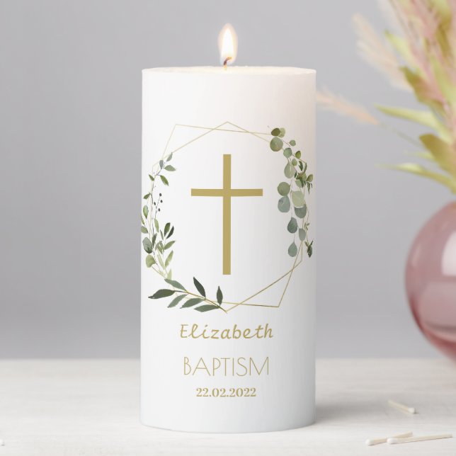 Neutral Baptism Greenery & Gold Pillar Candle (In Situ)