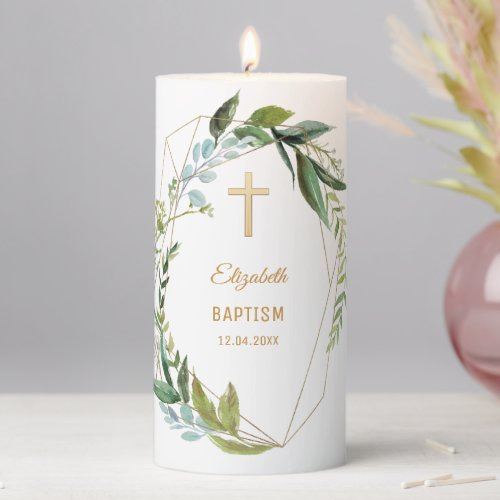 Neutral BaptismGreenery Pillar Candle