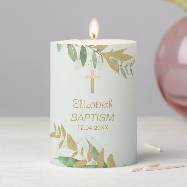 Neutral Baptism Greenery-Pillar Candle (In Situ)