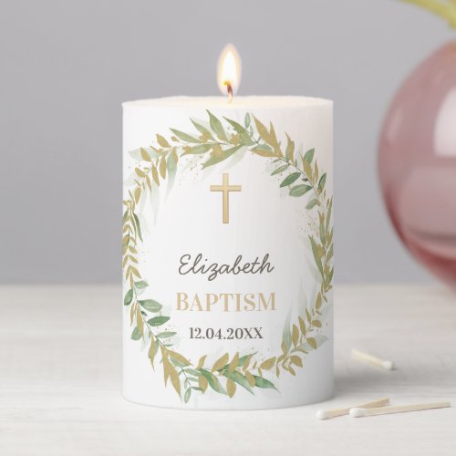 Neutral Baptism greenery wreath Pillar Candle