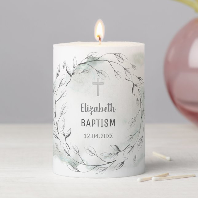 Neutral Baptism Leaves &Twigs Pillar Candle (In Situ)