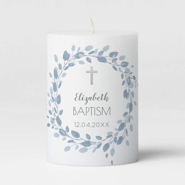 Neutral Baptism Leaves &Twigs Pillar Candle (Front)