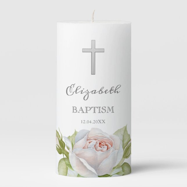 Neutral Baptism Roses-Pillar Candle (Front)
