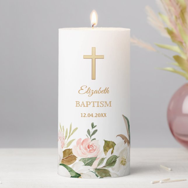 Neutral Baptism Roses-Pillar Candle (In Situ)