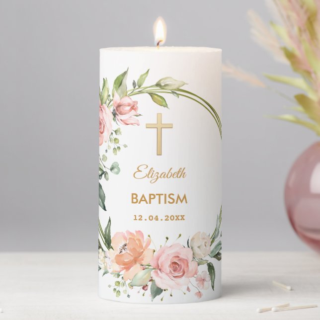 Neutral Baptism Roses-Pillar Candle (In Situ)