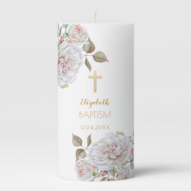 Neutral Baptism Roses-Pillar Candle (Front)