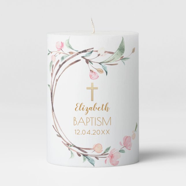 Neutral Baptism Sakura &Twigs Pillar Candle (Front)