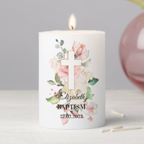 Neutral BaptismWatercolor flowers Pillar Candle