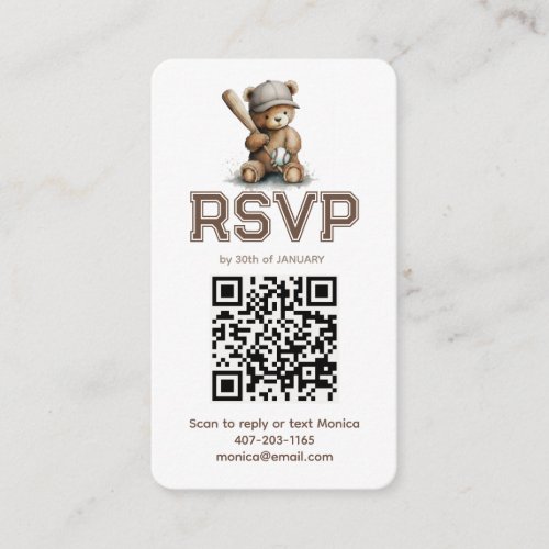 Neutral Baseball Teddy Bear Baby Shower QR RSVP  Enclosure Card