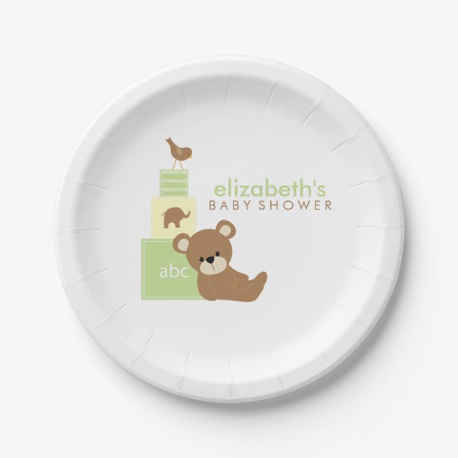 Neutral Bear and Toy Blocks Baby Shower Paper Plates (Front)