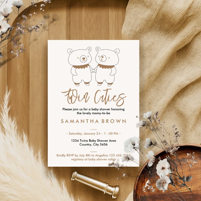 Neutral Bear Twins Baby Shower Invitation (Creator Uploaded)