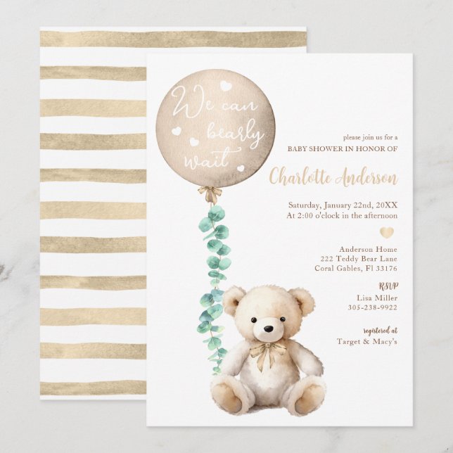 Neutral Bearly Wait Eucalyptus Baby Shower Invite (Front/Back)