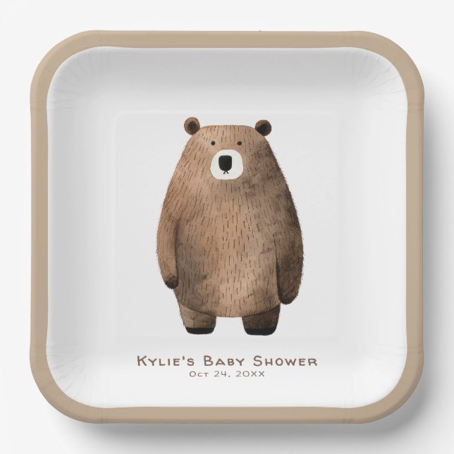 Neutral Bearly Wait Teddy Bear Baby Shower Paper Plates (Front)