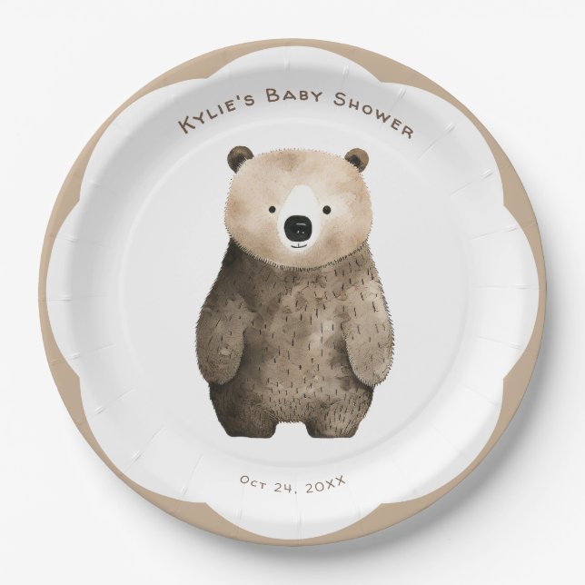 Neutral Bearly Wait Teddy Bear Baby Shower Paper Plates (Front)