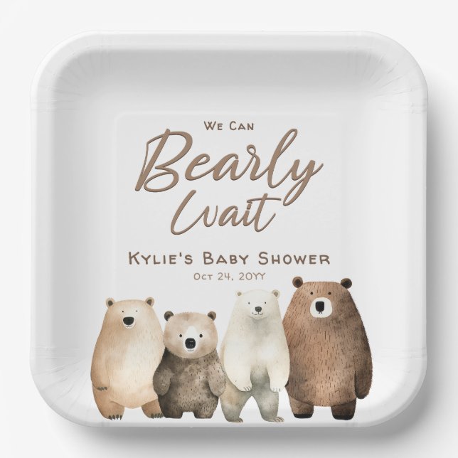 Neutral Bearly Wait Teddy Bear Baby Shower Paper Plates (Front)