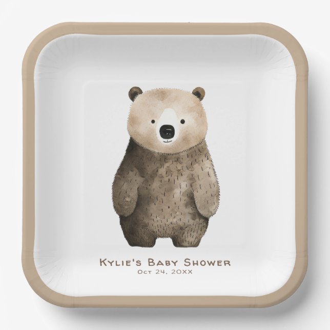 Neutral Bearly Wait Teddy Bear Baby Shower Paper Plates (Front)