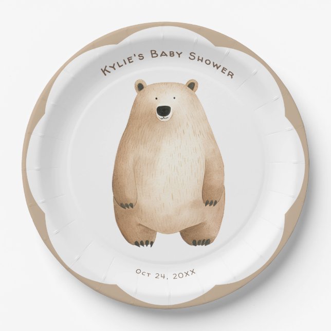 Neutral Bearly Wait Teddy Bear Baby Shower Paper Plates (Front)
