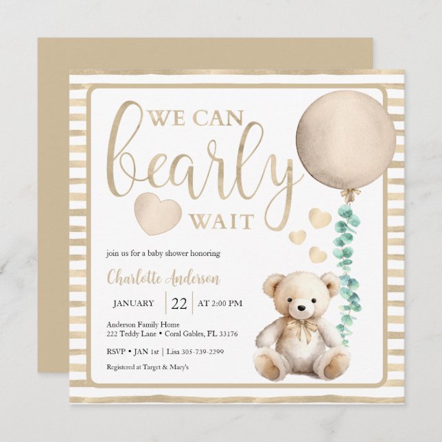 Neutral Bearly Wait Teddy Bear Shower Invite (Front/Back)