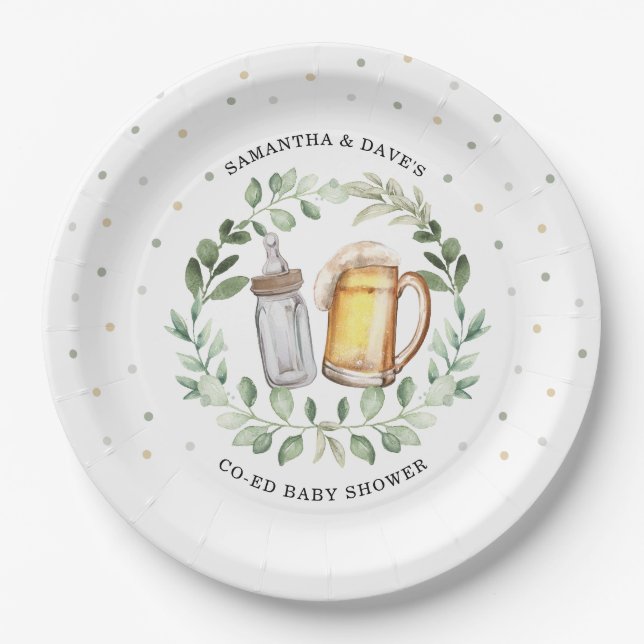 Neutral Beer Couples Baby Shower Greenery Cheers Paper Plates (Front)