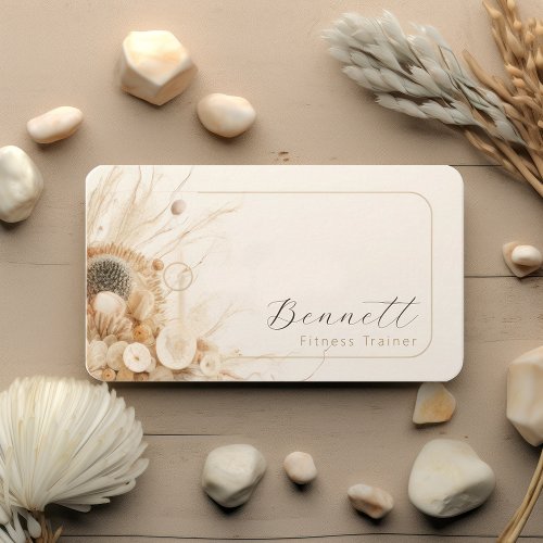 Neutral Beige Abstract Dried Flower Boho Script  Business Card