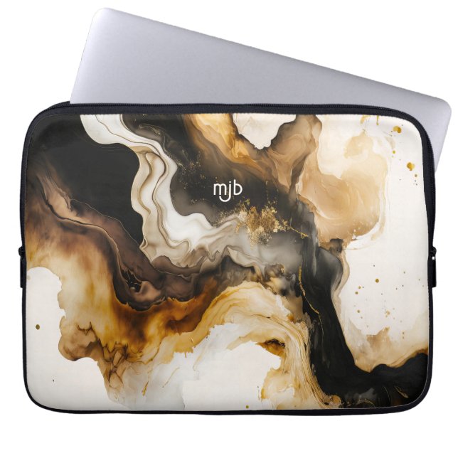 Neutral Beige and Gold Abstract Inkwash  Laptop Sleeve (Front)