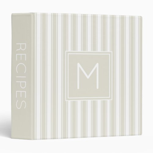 Neutral Beige and White Ticking Stripe Monogram 3 Ring Binder