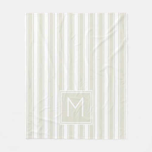 Neutral Beige and White Ticking Stripe Monogram Fleece Blanket