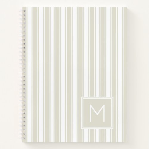 Neutral Beige and White Ticking Stripe Monogram Notebook
