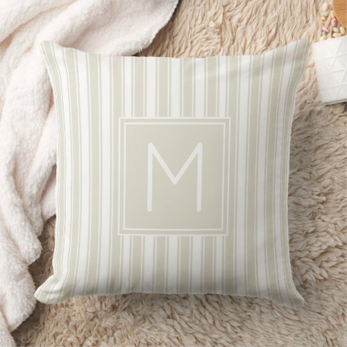 Neutral Beige and White Ticking Stripe Monogram Throw Pillow
