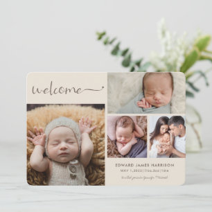 Neutral Beige Baby Photo Collage Welcome Birth Announcement