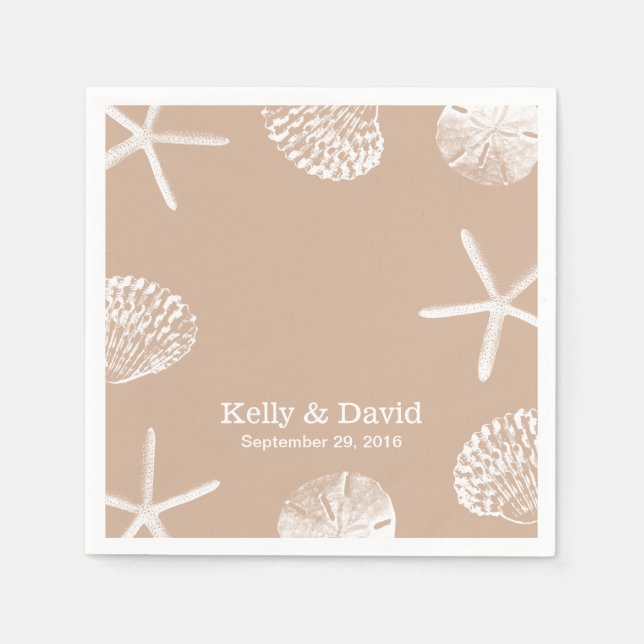 Neutral Beige Beach Theme Seashells Wedding Paper Napkins (Front)
