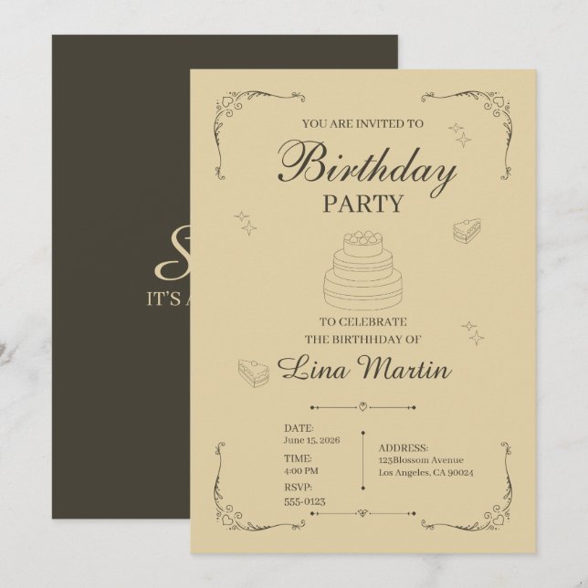 Neutral Beige Birthday Invitation (Front/Back)