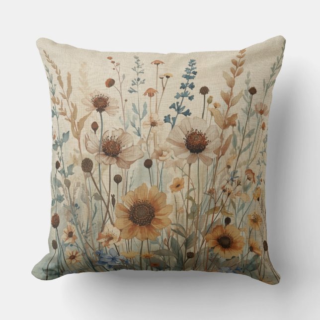 Neutral Beige Blue Brown Wildflower Print Throw Pillow (Front)