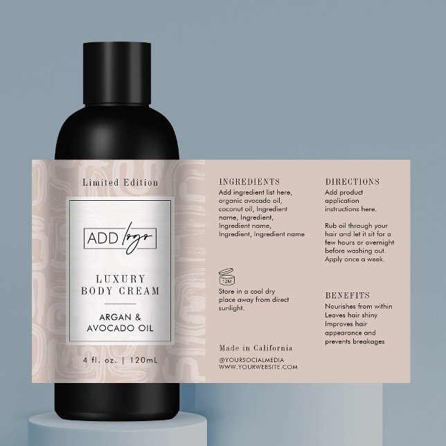 Neutral Beige Bohemian Logo 4OZ Cosmetic Bottle Rectangular Sticker (Modern boho style cosmo bottle wraparound label template)