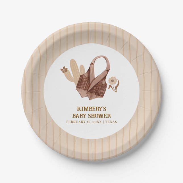 Neutral Beige Boho Cactus Cowgirl Baby Shower  Paper Plates (Front)