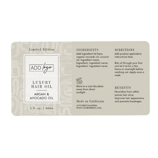 Neutral Beige Boho Pattern Logo 2OZ Dropper Bottle Label (Front)