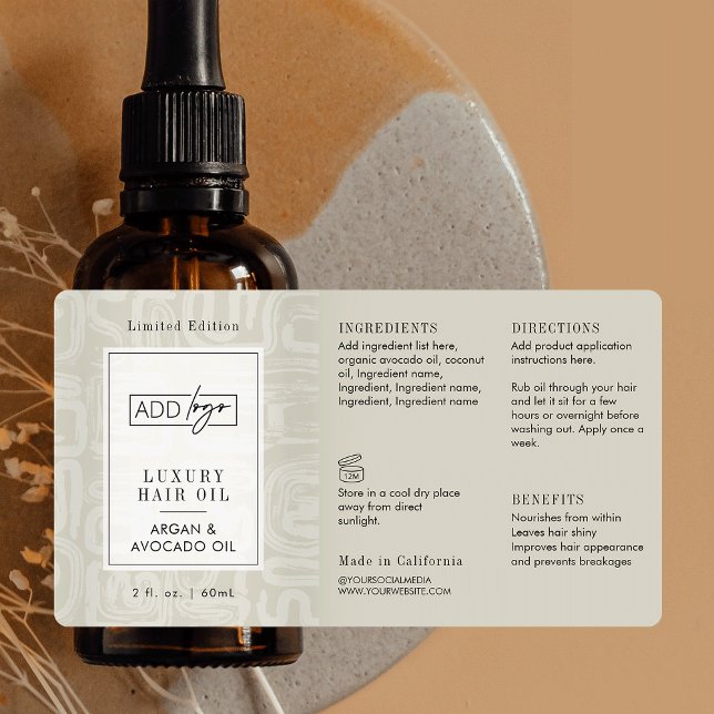 Neutral Beige Boho Pattern Logo 2OZ Dropper Bottle Label (Elegant cream and white tones custom logo cosmetic bottle wrap around label design )