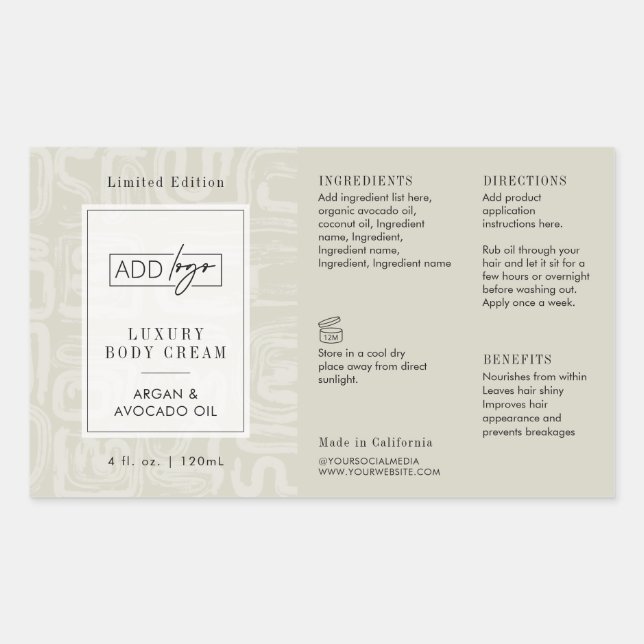 Neutral Beige Boho Pattern Logo 4OZ Cosmo Bottle Rectangular Sticker (Front)