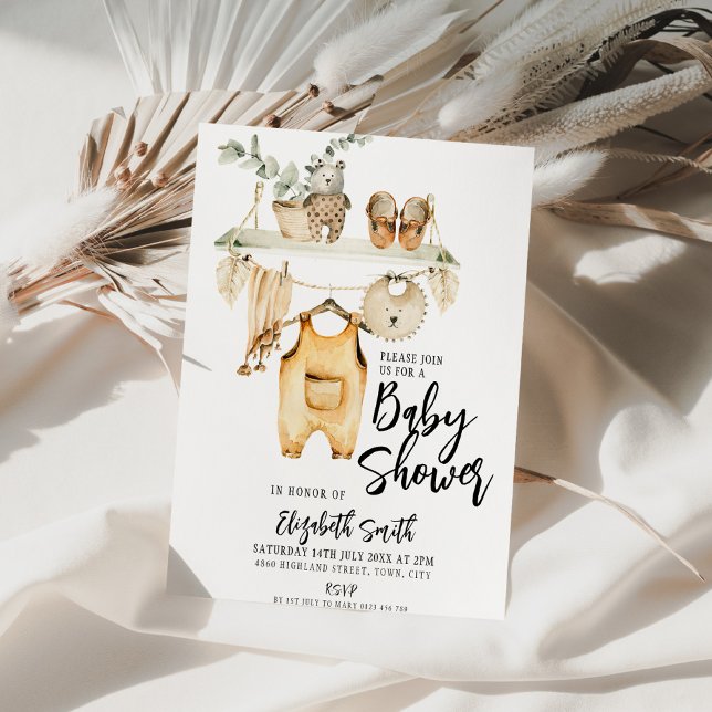 Neutral Beige Boho Watercolor Baby Clothes Rustic  Invitation (Creator Uploaded)