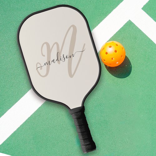 Neutral Beige Bold Script Monogram and Name Pickleball Paddle