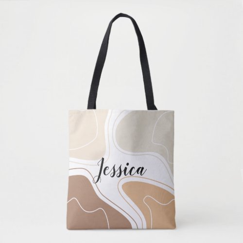 Neutral Beige Brown Modern Geometric Pattern Name Tote Bag