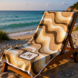 Neutral Beige Brown Retro Wave Monogram Modern  Beach Towel