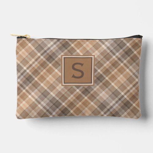 Neutral Beige Brown Taupe Plaid Gingham Pattern Accessory Pouch