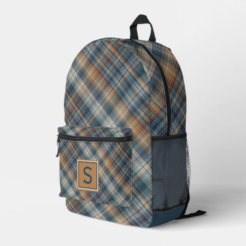 Neutral Beige Brown Teal Blue Plaid Tartan Pattern Printed Backpack