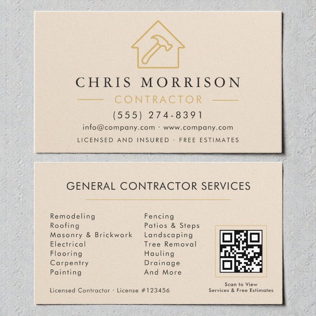 Neutral Beige Construction Minimalist Gold QR Code Business Card (Creator Uploaded)