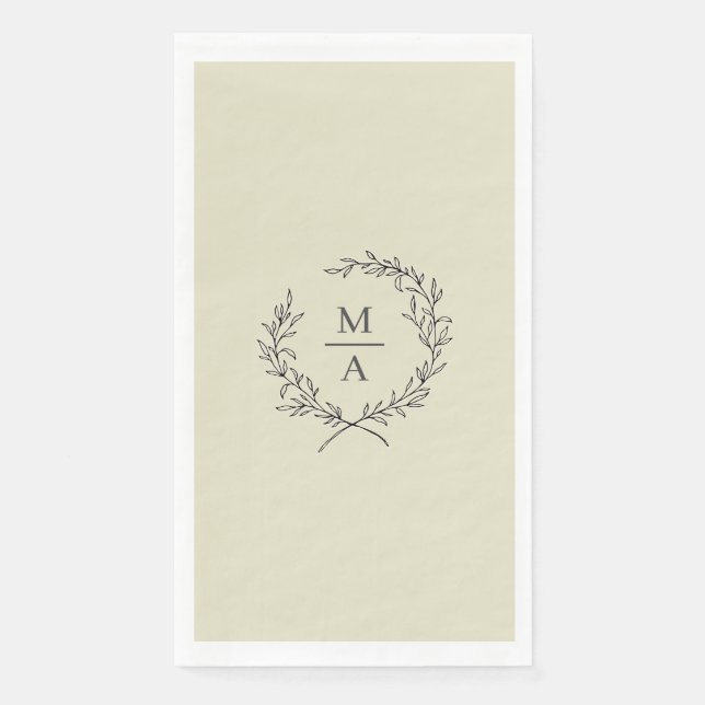 Neutral Beige Elegant Laurel Wreath Monogram Paper Guest Towels (Front)