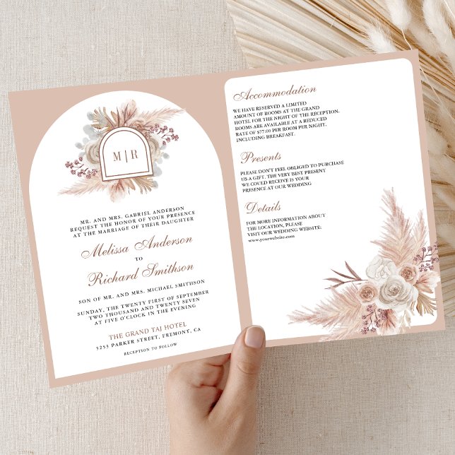 Neutral Beige Floral Boho Pampas QR Code Wedding Invitation (Creator Uploaded)