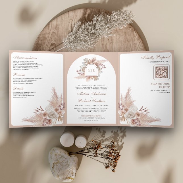 Neutral Beige Floral Boho Pampas QR Code Wedding Tri-Fold Invitation (Creator Uploaded)
