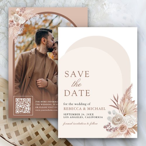 Neutral Beige Floral Pampas Arch Photo QR Code Save The Date